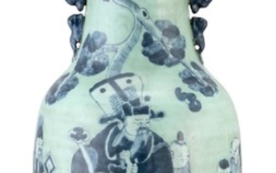 CHINESE BLUE-ON-CELADON PORCELAIN VASE With fu lion handles and figural decoration. Height 23.6".