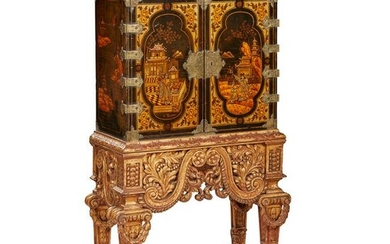 BLACK JAPANNED CHINOISERIE SMALL CABINET-ON-STAND