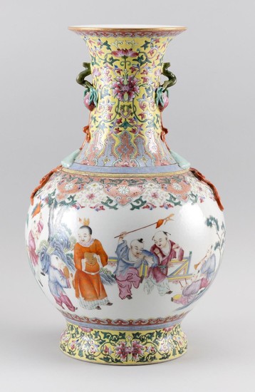 CHINESE FAMILLE ROSE PORCELAIN BALUSTER-FORM VASE Decoration of children playing in a landscape about the body. Neck and foot with l...