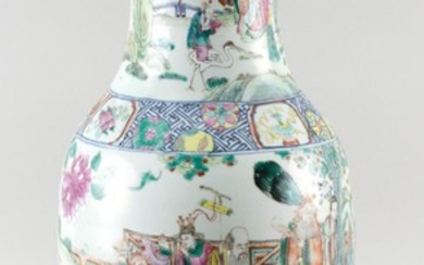 CHINESE PORCELAIN FAMILLE ROSE BALUSTER VASE Figural landscape decoration about the body and eight precious objects about the should...