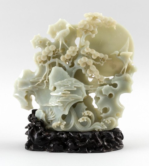 CHINESE WHITE AND GRAY JADE DOUBLE-SIDED CARVING Depicts cranes in a pine tree and rockery against a full moon and clouds. Height 9"...