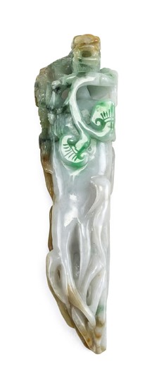 CHINESE WHITE-TO-CELADON JADE CARVING Depicting Buddha's hand fruit, qilin and ruyi. Some use of russet skin tones. Length 6.5".