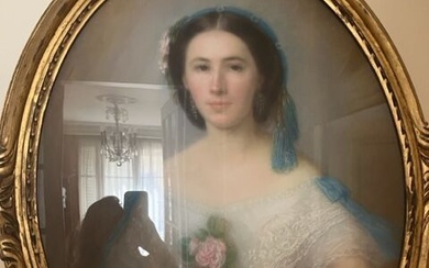COSSON Claire Femme à l'éventail et bouquet de rose au corsage Pastel ovale signé et...