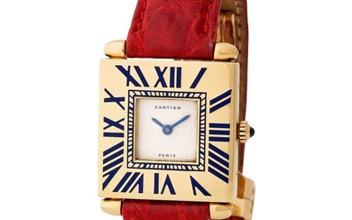 Cartier. Fascinating and Glamorous Tank Obus Wristwatch in Yellow Gold, With Roman Enamel Numerals, Box and Papers