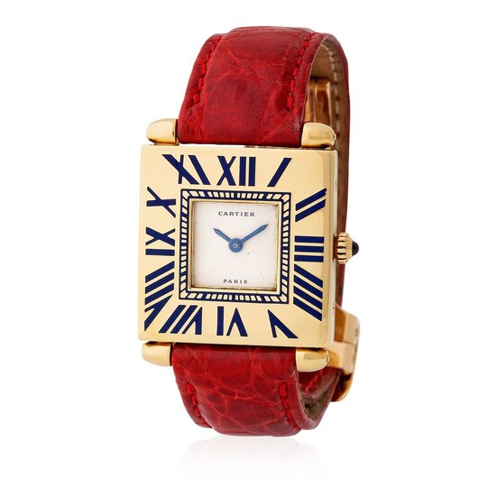 Cartier. Fascinating and Glamorous Tank Obus Wristwatch in Yellow Gold, With Roman Enamel Numerals, Box and Papers