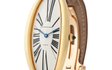 Cartier. Very Rare and Oversized Baignoire Allongée Wristwatch in Yellow Gold, With Guilloche Roman Numbers Dial