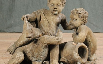 Cast Stone Putti and Fish Group