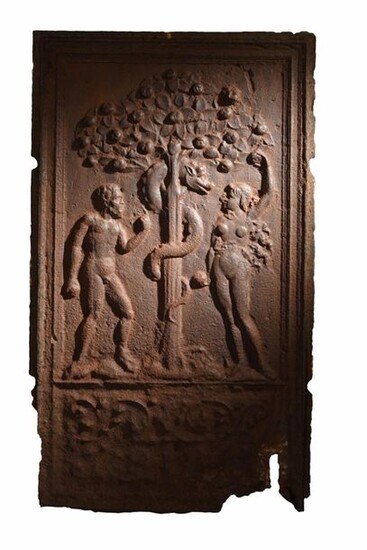 Cast iron stove plate decorated with Adam and Eve under the Tree of Knowledge around which the serpent is wrapped. Louis XII period. H: 95,5 L: 54 cm. Accidents