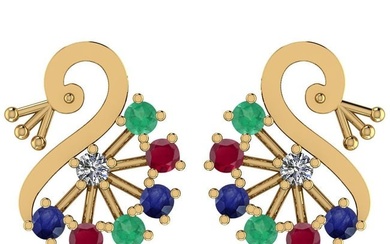 Certified 0.95 Ctw Emerald, Ruby, Sapphire And Diamond I1/I2 14K Yellow Gold Stud Earrings