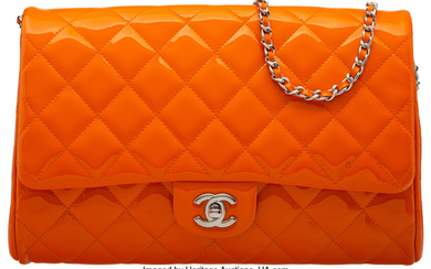 Chanel Orange Quilted Patent Leather Flap Bag with Silver...