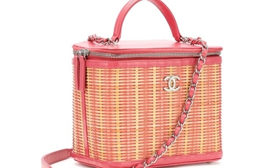 Chanel Pink Glazed Calfskin and Raffia Vanity Case Bag Silver Hardware, 2019