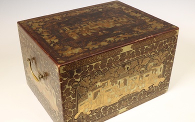 China, export lacquer caddy with pewter liner, 19th century
