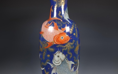 China, gilt-decorated powder-blue porcelain 'carp' vase, 19th century