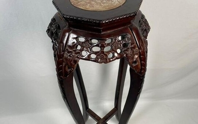 Chinese Carved Rosewood Marble Top Pedestal