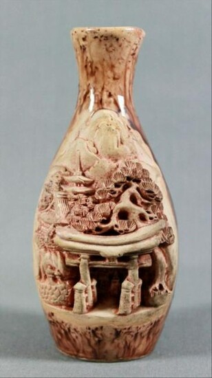 Chinese Flower Terracota Vase Adorned with Temple