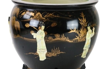 Chinese Hand Painted Fish Bowl Planter w MOP