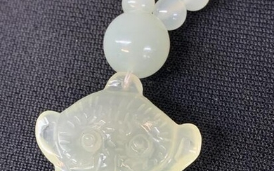 Chinese Jade Beaded Necklace, Monkey Pendant