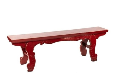 Chinese Red Lacquered Wooden Bench