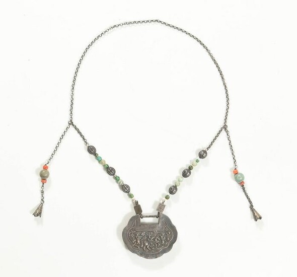 Chinese Silver Lock Necklace with Jadeite and Coral