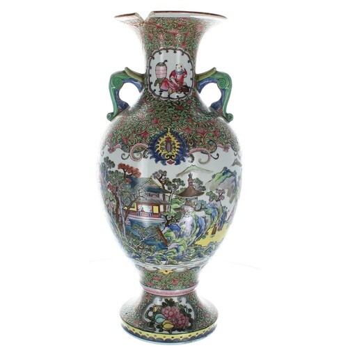 Chinese twin-handled porcelain baluster vase, polychrome ena...
