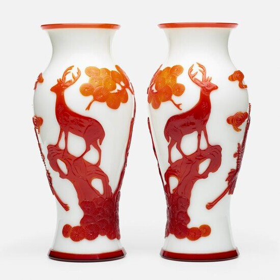 Chinese, white Peking glass 'Stag' vases