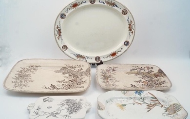 Christopher Dresser, two Aesthetic Movement 'Hampden' ceramic platters by Old Hall, each decorated with Japonesque motifs, larger 41.5cm x 30cm, smaller 36.5 x 26.5cm, together with a Wedgwood oval platter, a Ridgeway pottery octagonal dish and a...