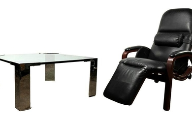 Chrome and Glass Coffee Table and Leather Chair