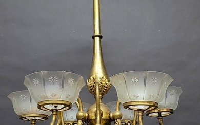 Circa 1890's 12 Arm Gas & Electric Brass Chandelier with antique star gas & electric glass shades.