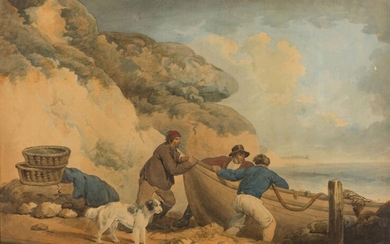 Circle of George Morland, British 1763-1804- Fishermen pulling a boat ashore; pencil, watercolour and bodycolour on paper, 42.5 x 57.5 cm. Provenance: Private Collection, UK. Note: The present work relates to several compositions of the same...