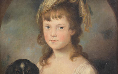 Circle of Sir Nathaniel Dance Holland, Bt. (London 1734-1811 Winchester) Portrait of a girl, said to be Miss Haverford, with her dog, within a painted oval