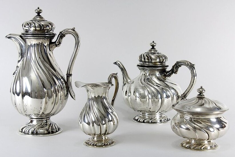 Coffee-tea set of 800 silver, German around 1900, Wilkens Bremen, in baroque style, with twisted trains, consisting of: coffeepot (h: 27 cm); teapot (h: 19 cm); milk jug (h: 14,5 cm) and sugar bowl with lid (h: 13 cm), coffeepot and teapot with hinged...