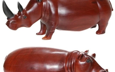 Collectible Carved and Finished Teakwood Animals, Hippo and a Rhino