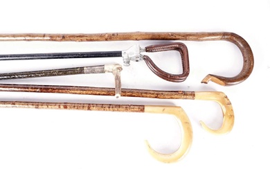 Collection of walking sticks and sporting equipment