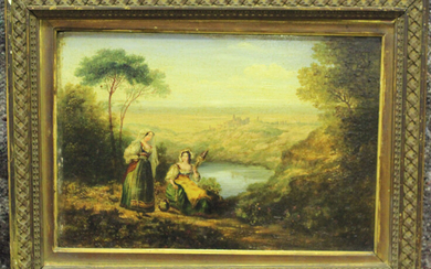 Continental School - Two Women in an Italian Landscape, 19th century oil on mahogany panel, 22cm x 3