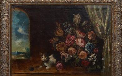 Continental/Belgian School, "Interior Still life with Cat and Bouquet of Flowers," c. 1900, H.- 23