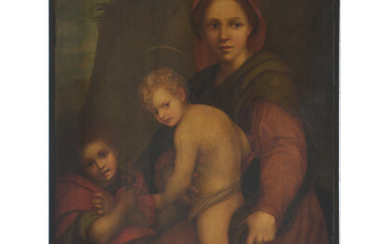 Copia da Andrea del Sarto "Madonna con Bambino e San Giovannino (Madonna Fries)" antico dipinto ad olio su tavola (cm...