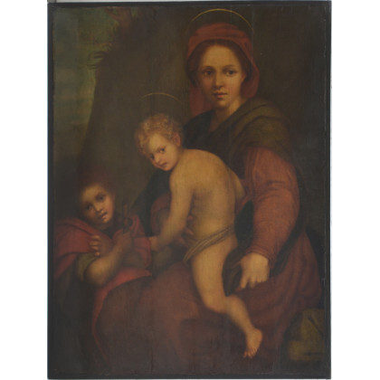 Copia da Andrea del Sarto "Madonna con Bambino e San Giovannino (Madonna Fries)" antico dipinto ad olio su tavola (cm...