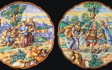 Coppia di piatti in maiolica di Castelli, ceramista G. Giunti diametro cm 36