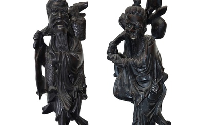 Coppia di statuine in legno intagliato del dio Shoulao