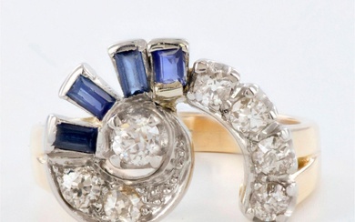 Cute Two-Tone 14K Gold, Diamond, and Sapphire Swirl Ring