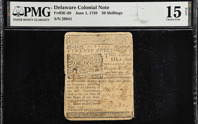DE-68. Delaware. June 1, 1759. 20 Shillings. PMG Choice Fine 15 Net. Severed & Reattached.