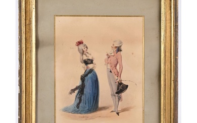 DEBUCOURT Philibert Louis. (1755–1832). (Attribué à). « Couple d’élégants ». Aquarelle. H.27 L.21. Expert :...