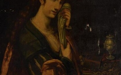 Dans le goût de l'école espagnole. Sainte Marie Madeleine pénitente. Huile sur toile (manques, griffures, restaurations). 95 x 78 cm