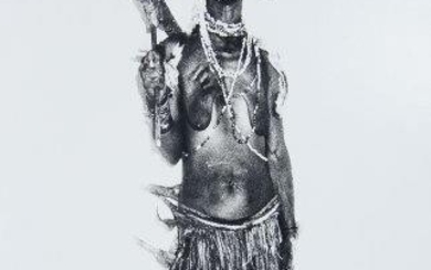 David Bailey CBE, British b.1938- Untitled (Papua New Guinean), 1974; black and white photographic print, signed in black ink, from the series Tribesman, Papua New Guinea, sheet 40.3 x 51cm, together with an Adrian George poster, 1980, published by...