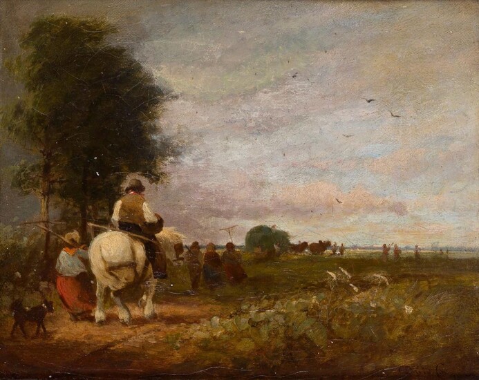 David Cox Snr, OWS, British 1783-1859- Harvesting hay; oil on canvas, signed and dated 'David Cox 1853' (lower right), 20.5 x 25.5 cm. Provenance: Private Collection, UK.