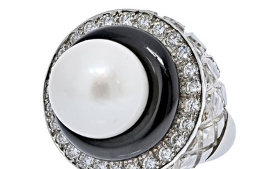 David Webb Platinum & 18K White Gold Rock Crystal Diamonds Black Enamel Pearl Ring