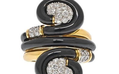 David Webb Platinum & 18K Yellow Gold Black Enamel Swirl Design Pave Diamond Ring
