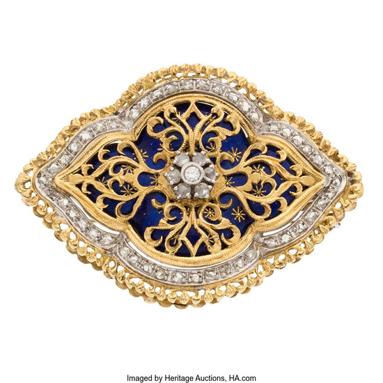 Diamond, Enamel, Gold Pendant-Brooch, Toliro The brooch features full,...