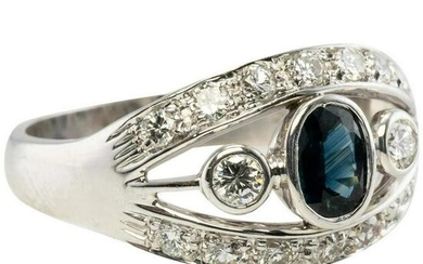 Diamond Sapphire Ring 18K White Gold Band Vintage