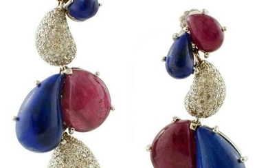 Diamonds, Rubies, Lapis Lazuli Dangle Earrings